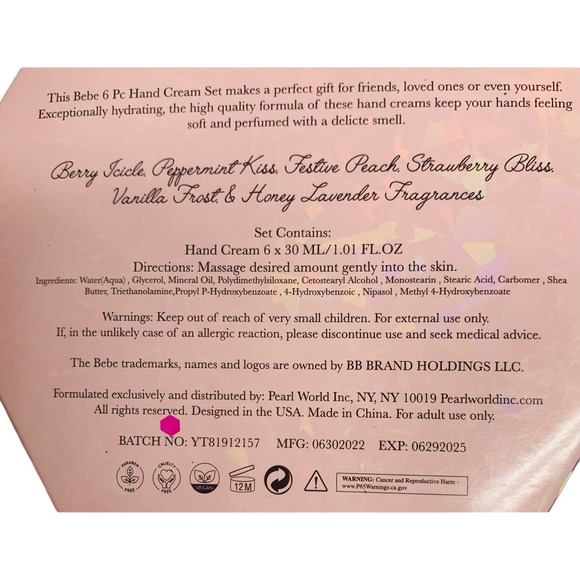 BEBE Happy Hands 6 PC Hand Cream Set -Vanilla Frost, Strawberry 1.01 fl oz Each - Picture 2 of 7